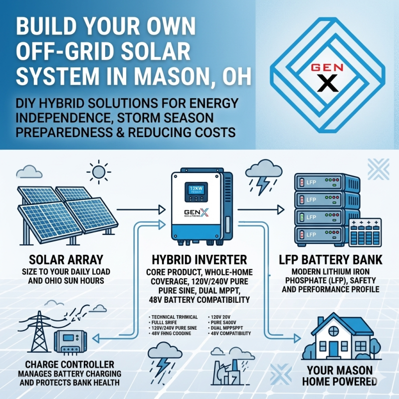 An infographic advertisement titled "BUILD YOUR OWN OFF-GRID SOLAR SYSTEM IN MASON, OH" with a tagline "DIY HYBRID SOLUTIONS FOR ENERGY INDEPENDENCE, STORM SEASON PREPAREDNESS & REDUCING COSTS," featuring a central "GEN X" logo (a geometric diamond surrounding "GEN X"). Below this, a block diagram shows the system component flow. The flow starts with an illustration of a ground-mounted "SOLAR ARRAY" (sized for Mason sun hours and daily load). An arrow goes to a large central "HYBRID INVERTER" unit with a display. The inverter is detailed as "CORE PRODUCT, WHOLE-HOME COVERAGE, 120V/240V PURE SINE, DUAL MPPT, 48V BATTERY COMPATIBILITY," with a bulleted list of features. An arrow from the inverter points to an "LFP BATTERY BANK" (a stack of three LFP units) described as "MODERN LITHIUM IRON PHOSPHATE (LFP), SAFETY AND PERFORMANCE PROFILE," with an illustration of weather (sun, clouds, lightning) below it, showing a path to a small illustration of a single-story house. A smaller arrow shows another path from the solar array to a separate "CHARGE CONTROLLER," which has an arrow to a simplified utility grid tower and box, with text saying "MANAGES BATTERY CHARGING AND PROTECTS BANK HEALTH." Illustrations and graphic element outlines are in blue. The bottom of the image has a geometric circuit board background pattern.