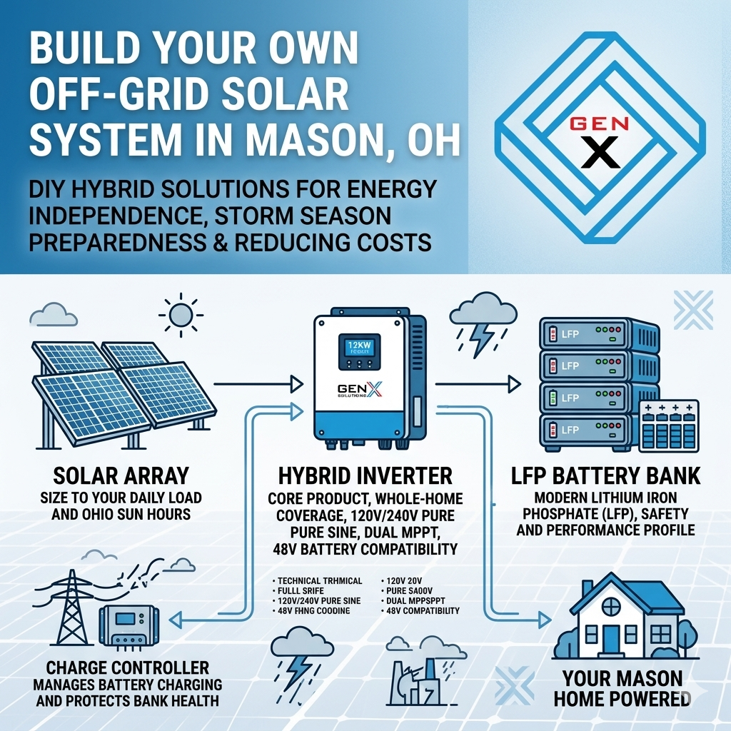 An infographic advertisement titled "BUILD YOUR OWN OFF-GRID SOLAR SYSTEM IN MASON, OH" with a tagline "DIY HYBRID SOLUTIONS FOR ENERGY INDEPENDENCE, STORM SEASON PREPAREDNESS & REDUCING COSTS," featuring a central "GEN X" logo (a geometric diamond surrounding "GEN X"). Below this, a block diagram shows the system component flow. The flow starts with an illustration of a ground-mounted "SOLAR ARRAY" (sized for Mason sun hours and daily load). An arrow goes to a large central "HYBRID INVERTER" unit with a display. The inverter is detailed as "CORE PRODUCT, WHOLE-HOME COVERAGE, 120V/240V PURE SINE, DUAL MPPT, 48V BATTERY COMPATIBILITY," with a bulleted list of features. An arrow from the inverter points to an "LFP BATTERY BANK" (a stack of three LFP units) described as "MODERN LITHIUM IRON PHOSPHATE (LFP), SAFETY AND PERFORMANCE PROFILE," with an illustration of weather (sun, clouds, lightning) below it, showing a path to a small illustration of a single-story house. A smaller arrow shows another path from the solar array to a separate "CHARGE CONTROLLER," which has an arrow to a simplified utility grid tower and box, with text saying "MANAGES BATTERY CHARGING AND PROTECTS BANK HEALTH." Illustrations and graphic element outlines are in blue. The bottom of the image has a geometric circuit board background pattern.
