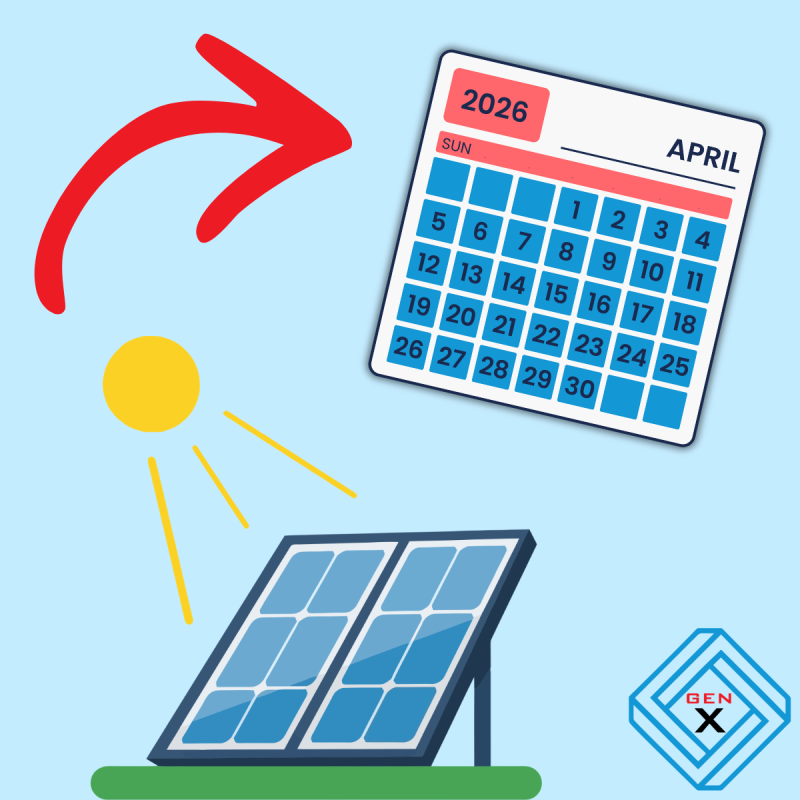 Illustration of a solar panel under the sun with a red arrow pointing toward an April 2026 calendar, representing the ideal time to schedule solar installation.